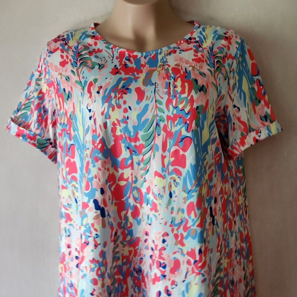 Colorful comfortable tee sz 2X pink blue green relaxed fit EUC